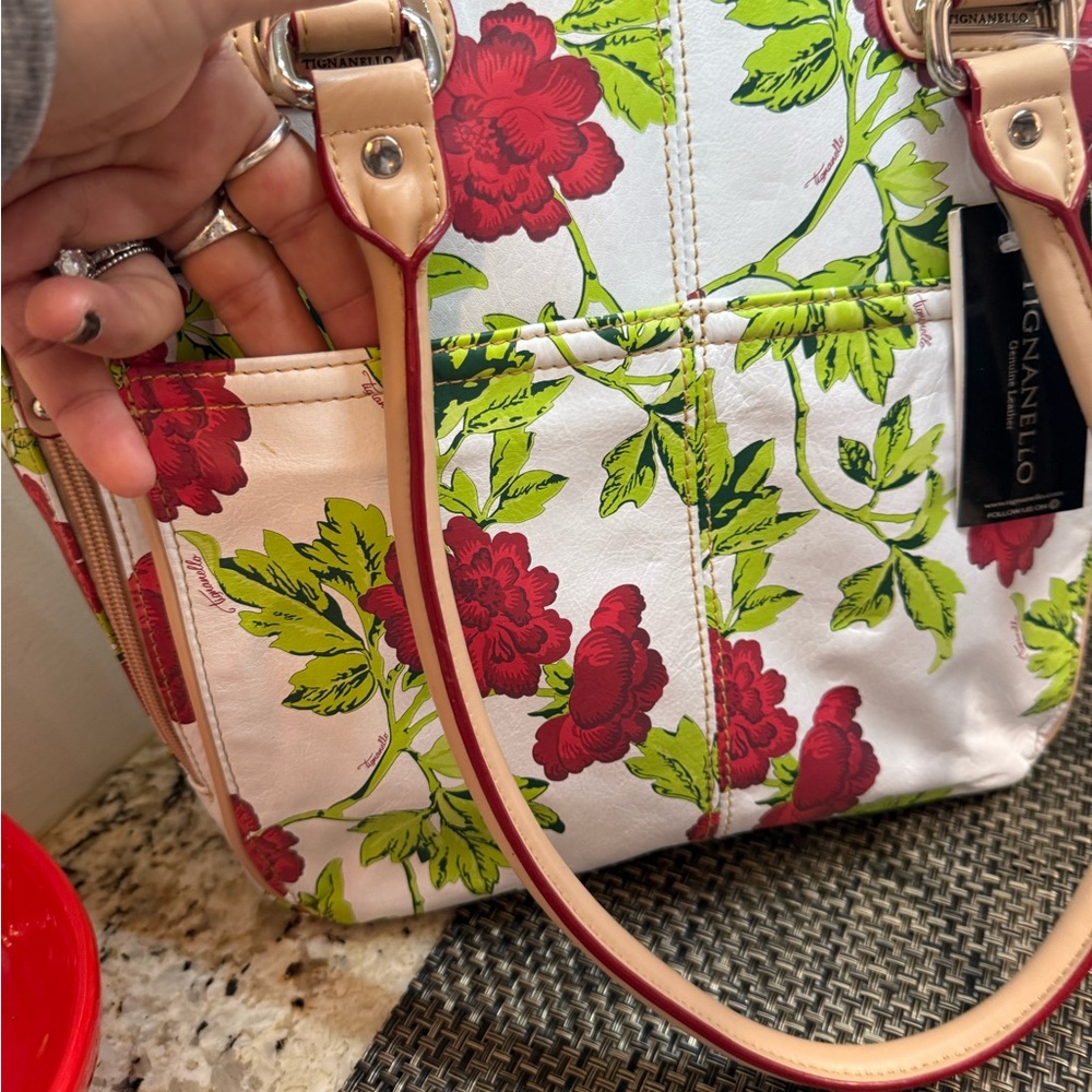 Tignanello Floral Tote in White, Red & Green - Picture 7 of 7